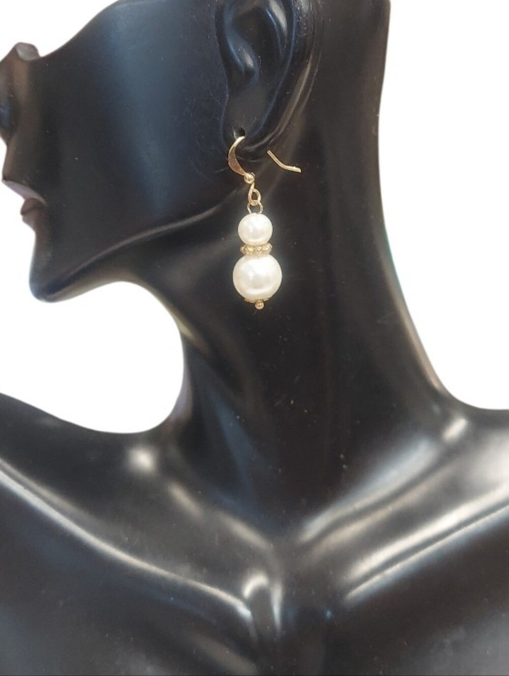 E332 Minimalist Goldtone Double Pearl Drop Earrings